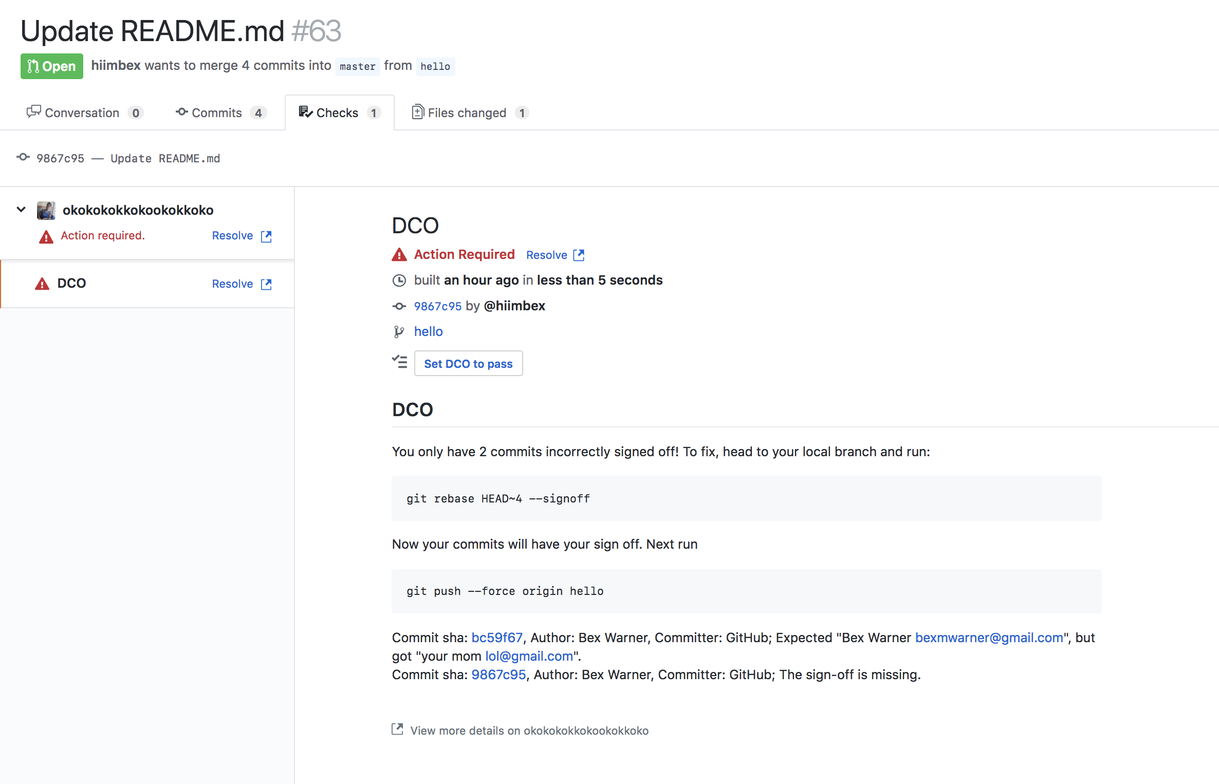 Sample of a PR with an failed DCO check
